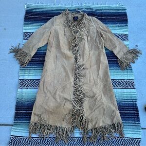 Via Accenti Vintage Leather Fringe Trench Coat Boho Hippie Plus Size 16W